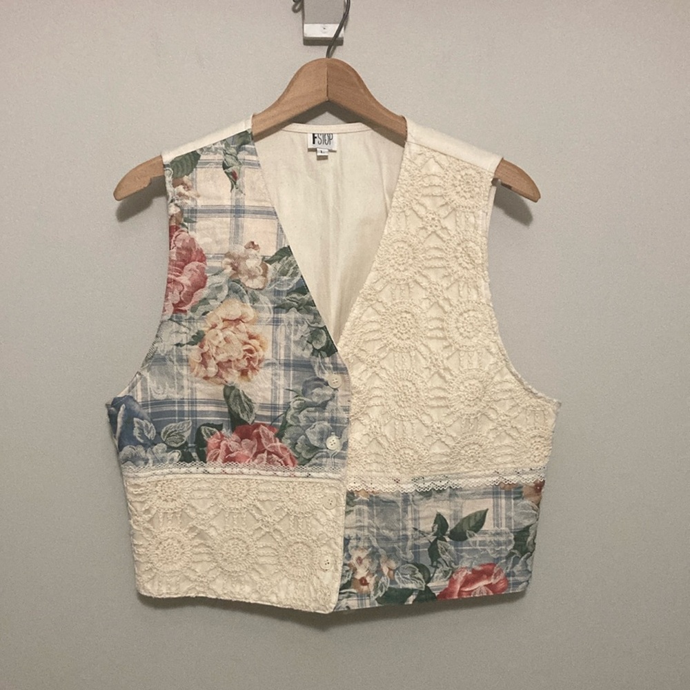 Vintage 90s patchwork FSTOP Cream Vest, floral and lace, size large